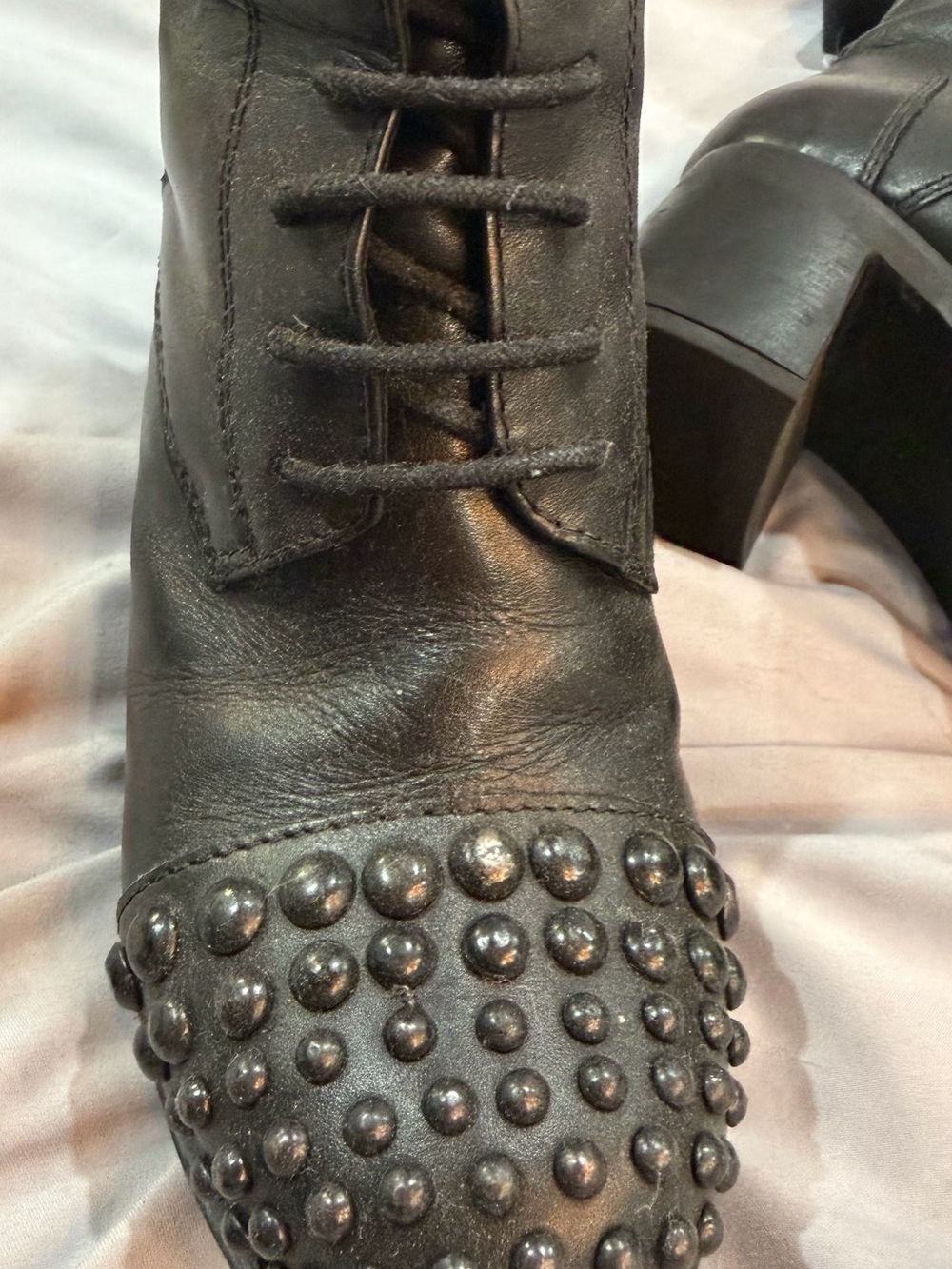 Women's Black Studded Lace-Up Block Heel Ankle Boots - Picture 3 of 3